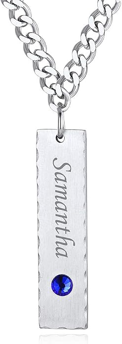 Custom4U Personalized Birthstone Bar Necklaces for Women, Custom Handmade Silver/Black/Gold Vertical Bar Pendants with 1-3 Names Engraved,Unique Memorial Necklace for Her