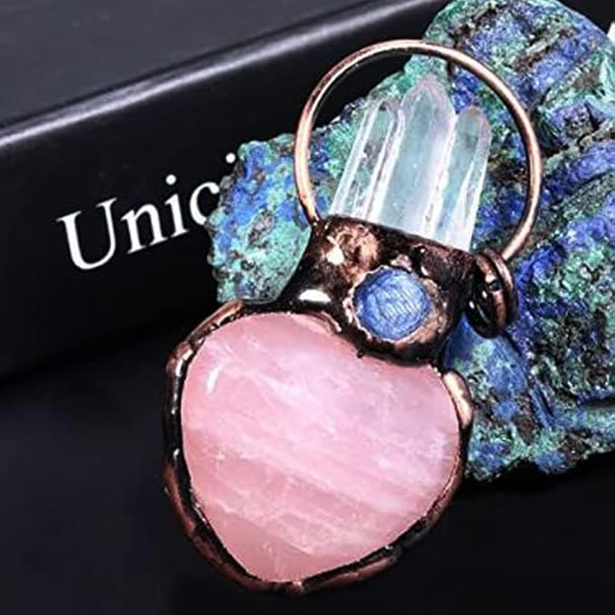 Acxico 1Pcs Natural Rose Quartz Crystal Heart Carved Pendant Clear Quartz Point Healing