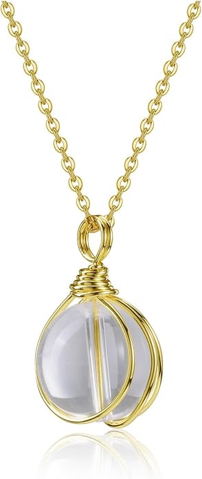 Jovivi Healing Crystal Stone Pendant Necklace Gold Wire Wrapped 16mm Natural Round Gemstone Ball Crystal Necklace for Women Men Reiki Quartz Jewelry