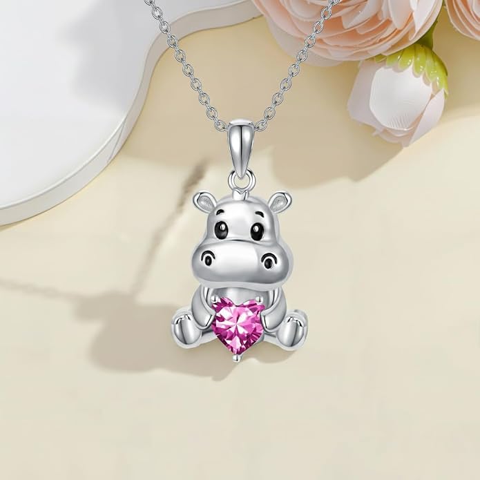PROESS Animal Birthstone Necklace 925 Sterling Silver Otter/Axolotl/Hippo/Elephant/Dachshund/Monkey/Red Panda Pendant Necklace Animal Birthstone Jewelry Gifts for Women