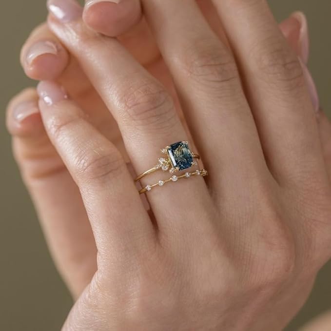 Cutesmile 2pcs Gold Ring Set Fashion Simple Tiny 14k Gold Filled Perfect Princess Cut Peacock Blue Gemstone CZ Crystal Diamond Engagement Wedding Rings Set Size 5-11 for Women(8)