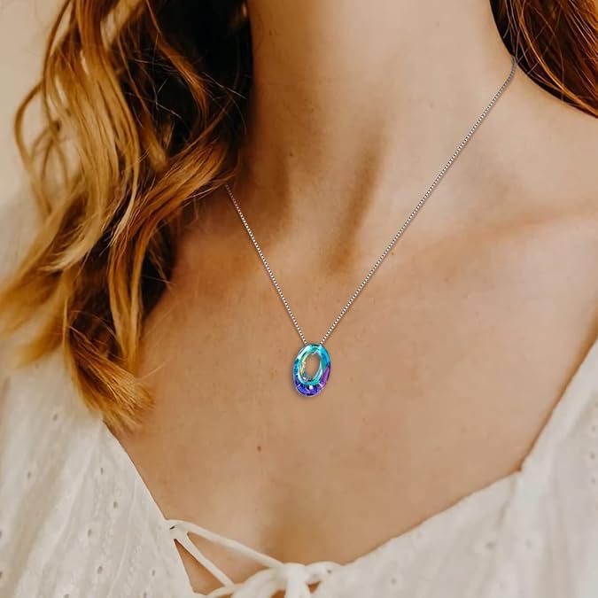 Oval Crystal Necklace S925 Sterling Silver Oval Austrian Crystal Pendant