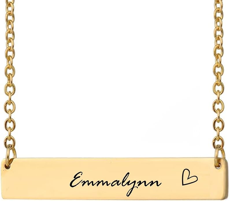 HUAN XUN Custom Bar Necklace Personalized Engraved Name Bar Necklace for Women Customized Stainless Steel Heart Pendant Bar Jewelry Gift for Her Mother Day Christmas