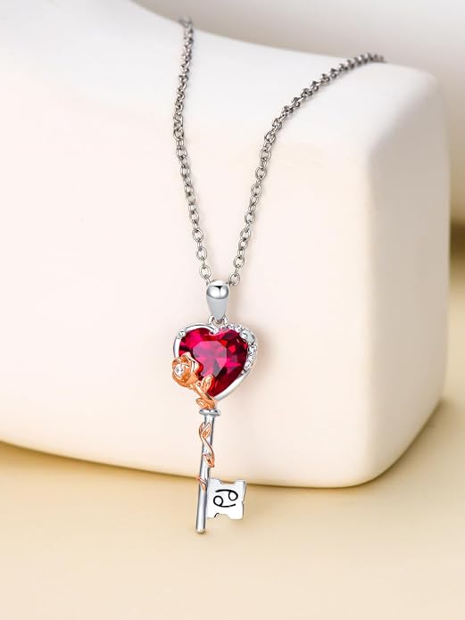 OCJ Zodiac Necklace for Women 925 Sterling Silver Rose Flower Key Pendant Necklaces Zodiac Birthstone Jewelry Wife Birthday Anniversary Christmas Gifts for Her