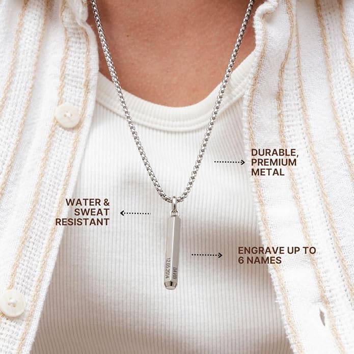 Custom Sterling Silver Men Name Necklace - Up to 6 Inscriptions - Stainless Steel, Gold or Gold Vermeil Plated - Meaningful Father's Day Gift for Him, Husband