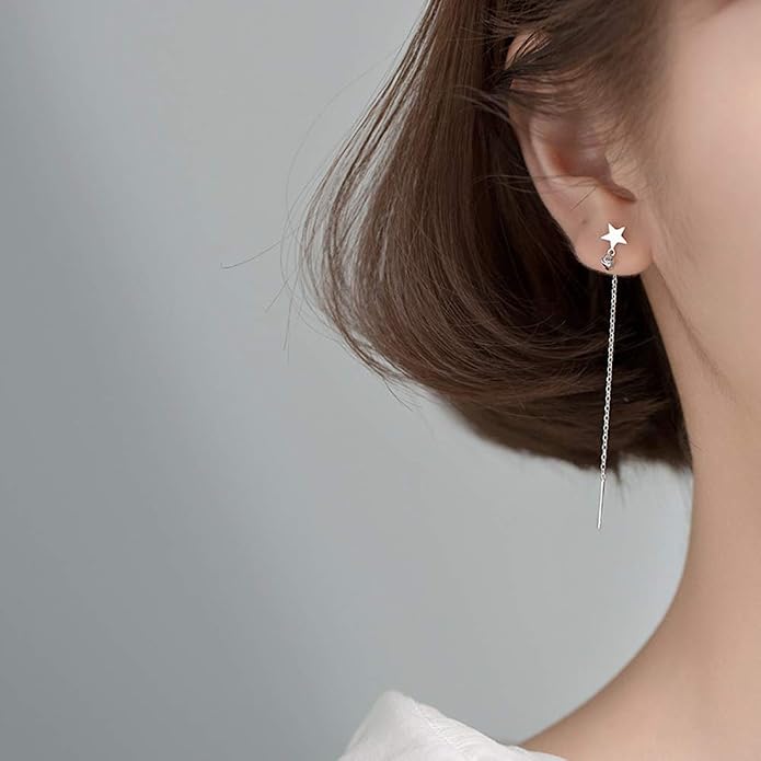 Asymmetrical Star Moon Threader Tassel Dangle Earrings S925 Sterling Silver Dainty Diamond Crystal CZ Long Chain Drop Stud Earring Ear Line Cute Jewelry Gifts for Women Sensitive Ears