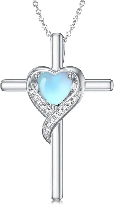 TOUPOP Birthstone Cross Necklace for Women 925 Sterling Silver Heart Cross Pendant Necklace Mothers Day Birthday Jewelry Gifts for Mom Wife Her