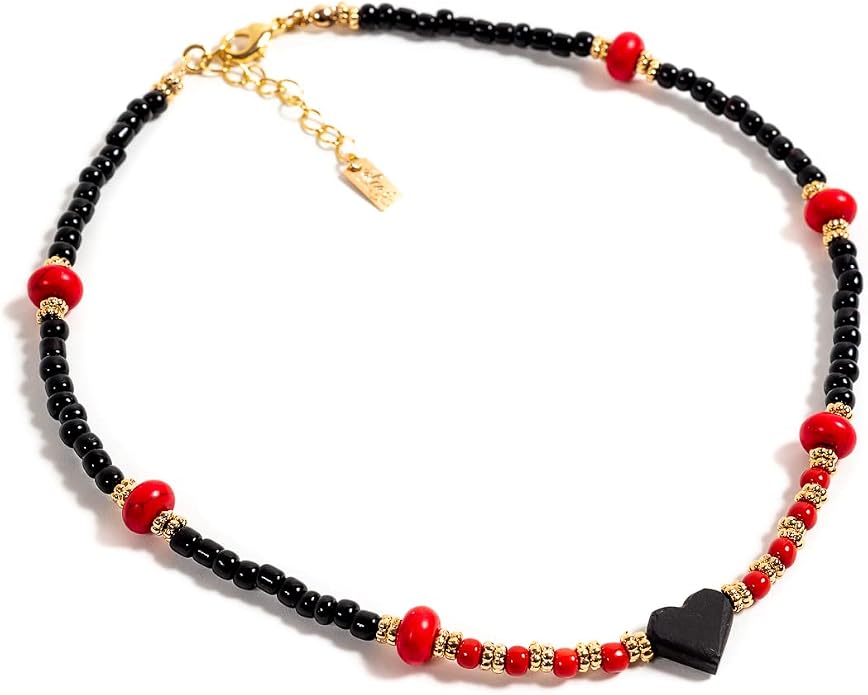 Bohemian Genuine Natural Azabache Heart Pendant Red Beaded Necklace Protector Amulet Againt Envy Boho Style