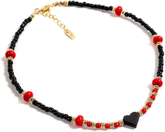 Bohemian Genuine Natural Azabache Heart Pendant Red Beaded Necklace Protector Amulet Againt Envy Boho Style