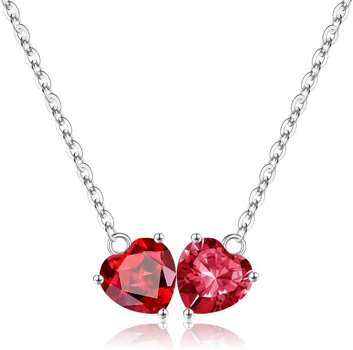 Iefil 1.25Ct Double Heart Birthstone Necklace - 925 Sterling Silver Birthstone Necklace, Birthday Gifts for Women, Jewelry Gifts for Mom Daughter Wife