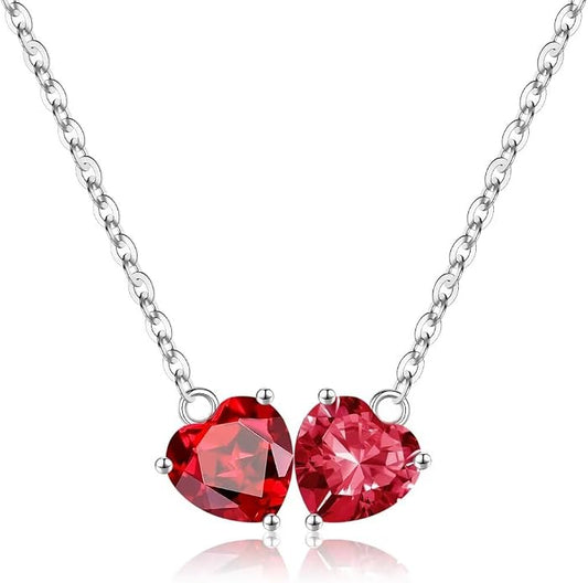 Iefil 1.25Ct Double Heart Birthstone Necklace - 925 Sterling Silver Birthstone Necklace, Birthday Gifts for Women, Jewelry Gifts for Mom Daughter Wife