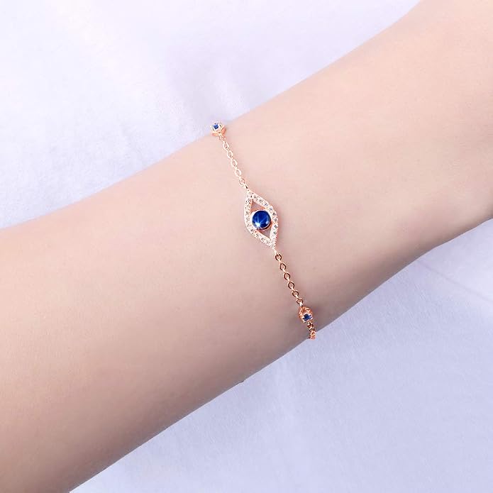 Blue Evil Eyes Link Bracelet, Evil Eye Earrings, S925 Sterling Silver Dainty Cubic Zirconia Adjustable Link Lobster Claw Clasp Chain Jewelry