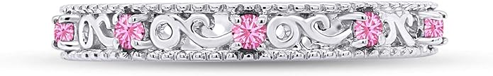 Jewel Zone US Filigree Eternity Wedding Band Ring for Women, Round Cut Simulated Gemstone Stackable Promise Ring in 14K Gold Plated 925 Sterling Silver Band Width 3.5mm – Elegant Jewelry for Her
