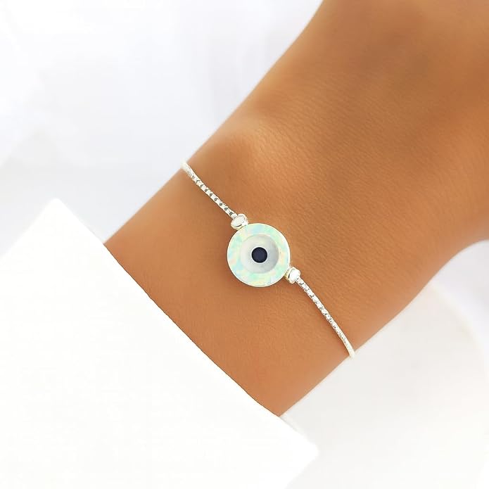 Minimalist Evil Eye Charm Bracelet – Handmade Delicate Good Luck Jewelry for Women – Adjustable 6.5” + 1” Extender