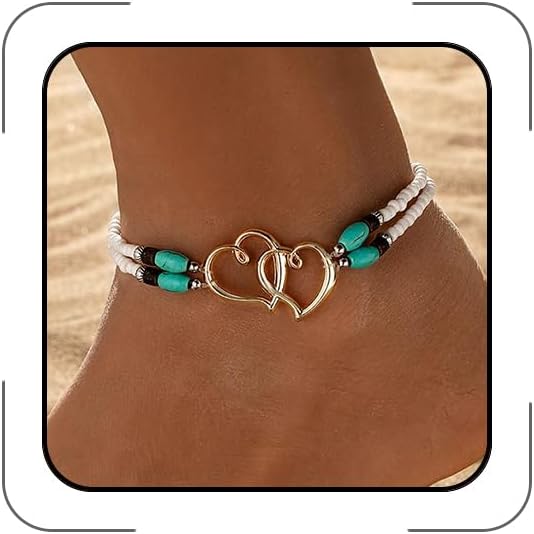 Elastic Beaded Ankle Bracelets for Women Double Heart Layered Stretch Ankle Bracelets Waterproof Dainty Boho Beaded Anklets for Summer Beach Foot Jewelry