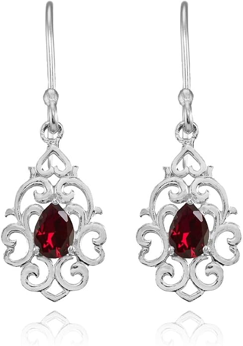 Sterling Silver Genuine or Created Gemstone Filigree Heart Teardrop Dangle Earrings