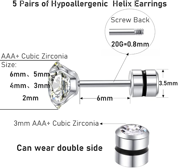 10 Pairs 20 Stainless Steel Ear Stud Piercing Barbell Screw Back Studs Earrings Cubic Zirconia Double Sided Cartilage Earring