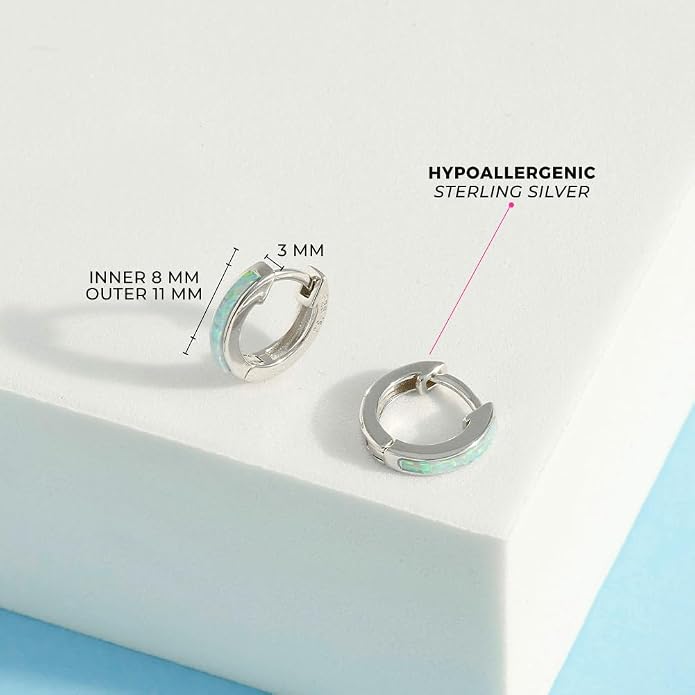 In Season Jewelry Simulated Opal Inlay Girls Hoop Earrings for Kids - 925 Sterling Silver Little Girl Hoop Earrings - Hypoallergenic & Comfortable with Secure Latch Closure
