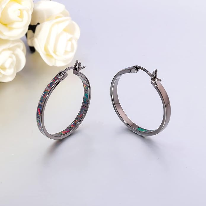 CiNily Opal Hoop Earrings,Women Jewelry Rhodium Plated/Rose Gold or Yellow Gold Plated Gemstone Big Hoop Earrings 32mm
