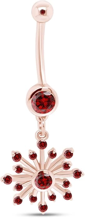 AFFY Snowflake Belly Button Ring for Women Simulated Birthstone, Round Cut Gemstone in 14K Gold Over 925 Sterling Silver, Navel Barbell Piercing Jewelry for Her