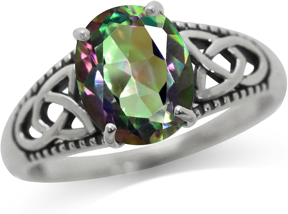 Silvershake 3.04ct. Mystic Fire Topaz 925 Sterling Silver Triquetra Celtic Knot Solitaire Ring Size 7