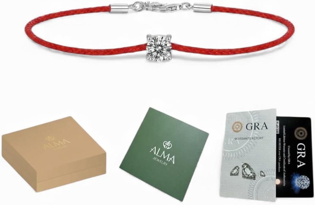 Red String Bracelet for Protection with GRA Certified Moissanite & 925 Sterling Silver, Adjustable Lucky String of Fate Bracelet, Good Luck Gift for Women
