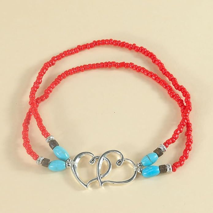 Elastic Beaded Ankle Bracelets for Women Double Heart Layered Stretch Ankle Bracelets Waterproof Dainty Boho Beaded Anklets for Summer Beach Foot Jewelry