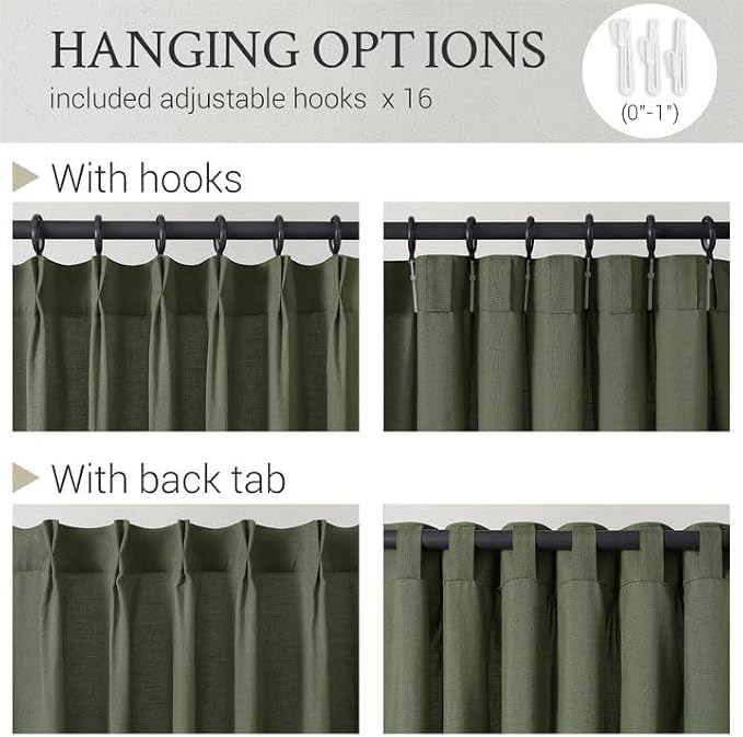 Topfinel 72 Inch Length Linen Curtains for Living Room 2 Panels Set,Olive Green Pinch Pleated Back Tab/Hook Belt/Clip Rings Curtains & Drapes Light Filtering Semi Sheer Drapes Boho Bedroom Decor