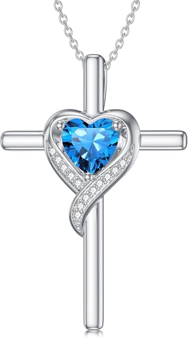 TOUPOP Birthstone Cross Necklace for Women 925 Sterling Silver Heart Cross Pendant Necklace Mothers Day Birthday Jewelry Gifts for Mom Wife Her