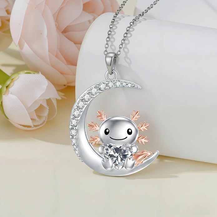 PROESS Animal Birthstone Necklace 925 Sterling Silver Otter/Axolotl/Hippo/Elephant/Dachshund/Monkey/Red Panda Pendant Necklace Animal Birthstone Jewelry Gifts for Women