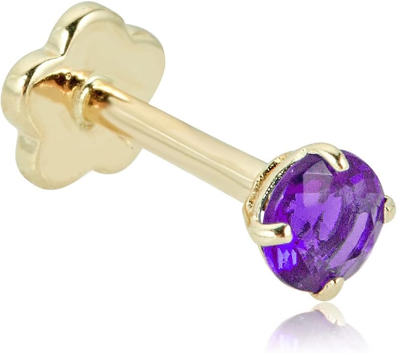 AVORA 14K Yellow/White Gold 3mm Round Simulated Diamond (0.1 carat) Cartilage Piercing Flat Back Earring Body Jewelry (18 Gauge) - Emerald, Ruby, Amethyst, Sapphire, Sim. Diamond