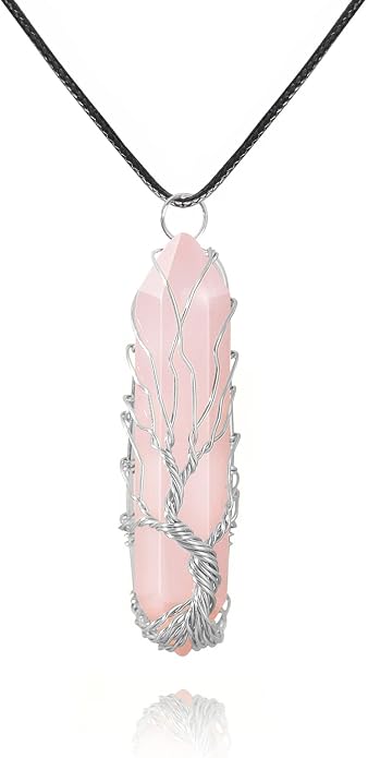 VIBILIA Healing Crystal Necklace Tree of Life Wire Wrapped Natural Stone Point Pendant Necklace Hexagonal Reiki Spiritual Quartz Gemstone Jewelry for Women Men