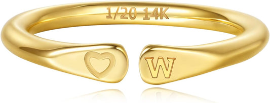 14k Gold Filled Hand Carving Initial Rings for Women Non Tarnish Wedding Heart Shaped Bands for Women