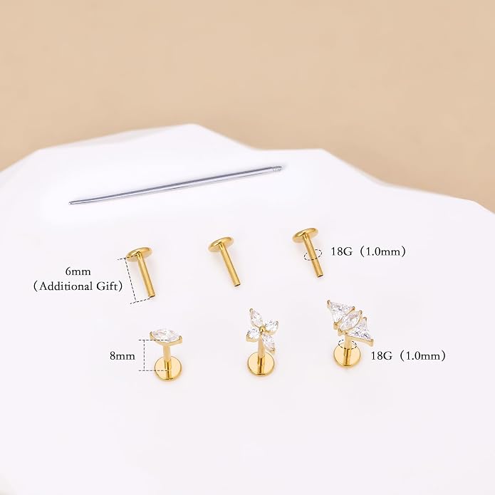 limerencia Titanium Internally Threaded Flat Back Earrings, 3 Pcs Implant Grade Hypoallergenic Studs, 18G Tragus Helix Conch Cartilage Piercing Jewelry for Sensitive Ears Women Men, Gold/Silver