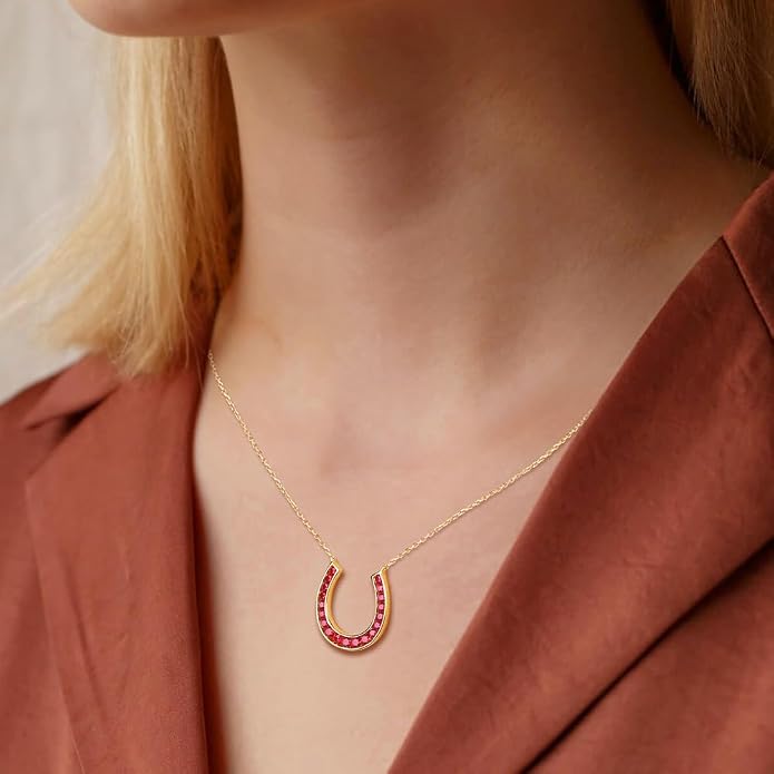 Luck Horseshoe Necklace 14K Gold Plated/Sterling Silver Created Gemstone Pendant with Chain Channel Set U Shaped Charm Necklace Birthstone Jewelry