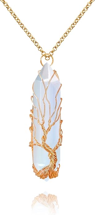 VIBILIA Healing Crystal Necklace Tree of Life Wire Wrapped Natural Stone Point Pendant Necklace Hexagonal Reiki Spiritual Quartz Gemstone Jewelry for Women Men