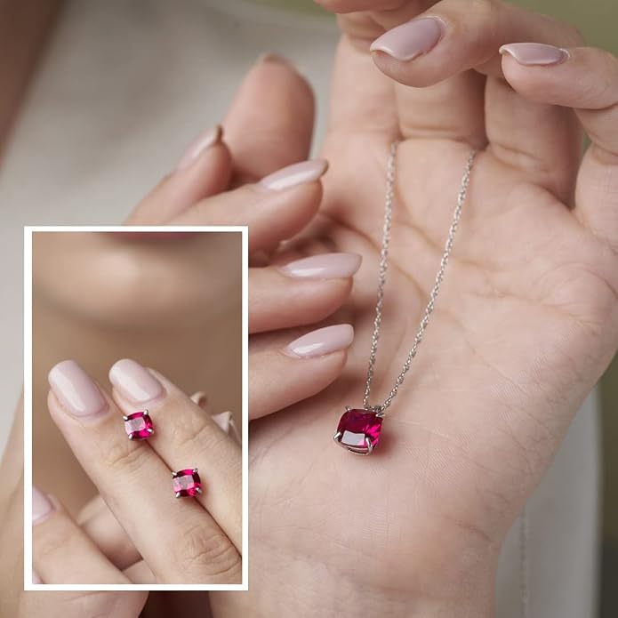 MAX + STONE 14k Gold Plated or Sterling Silver Cushion Cut Gemstone Stud Earrings and Pendant Necklace for Women with 6mm and 8mm Birthstones 18 Inch Chain and Push Backs Jewelry Set