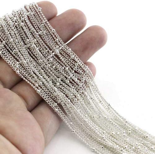 Wholesale 12PCS Silver Plated Brass Curb Chain Satellite Beaded Chains Bulk for Jewelry Making (30 Inch(1.5mm))