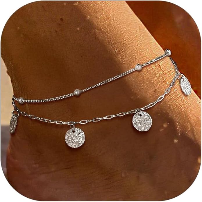 PROSTEEL Ankle Bracelets for Women Waterproof, Layered Stainless Steel Summer Beach anklets, Silver/Gold 8-10.5 Inch Adjustable, Come with Box
