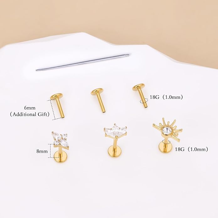 limerencia Titanium Internally Threaded Flat Back Earrings, 3 Pcs Implant Grade Hypoallergenic Studs, 18G Tragus Helix Conch Cartilage Piercing Jewelry for Sensitive Ears Women Men, Gold/Silver