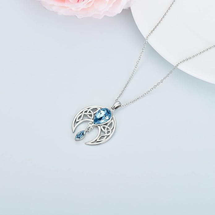 AOBOCO Sterling Silver Celtic Crescent Moon Goddess Pendant Irish Good Luck Necklace with Birthstone Crystal, Celtic Moon Jewelry Gift for Women Mom Wife