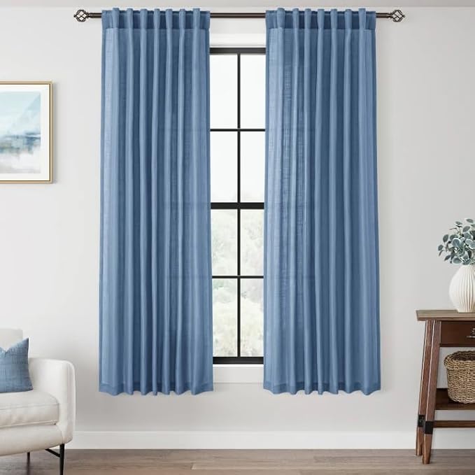 Denim Blue Curtains for Living Room Back Tab Modern Farmhouse Semi Sheer Blue Curtains 63 inches Long 2 Panels Set Muted Neutral Window Curtain for Dining Room Bedroom 52x63