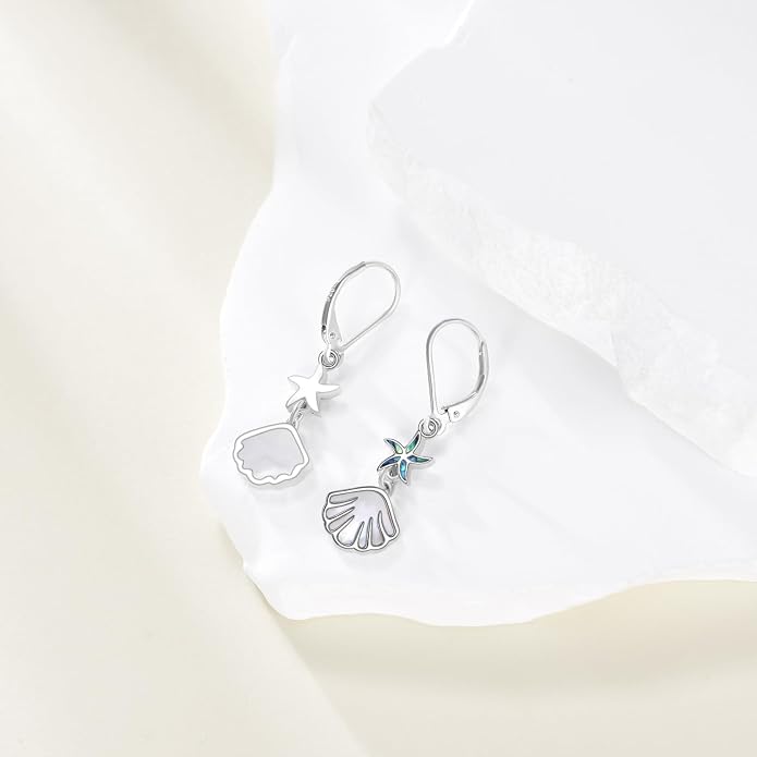 Starfish Shell Dangle Earrings 925 Sterling Silver Abalone Beach Lever-back Drop Earrings For Women Ocean Jewelry Gifts