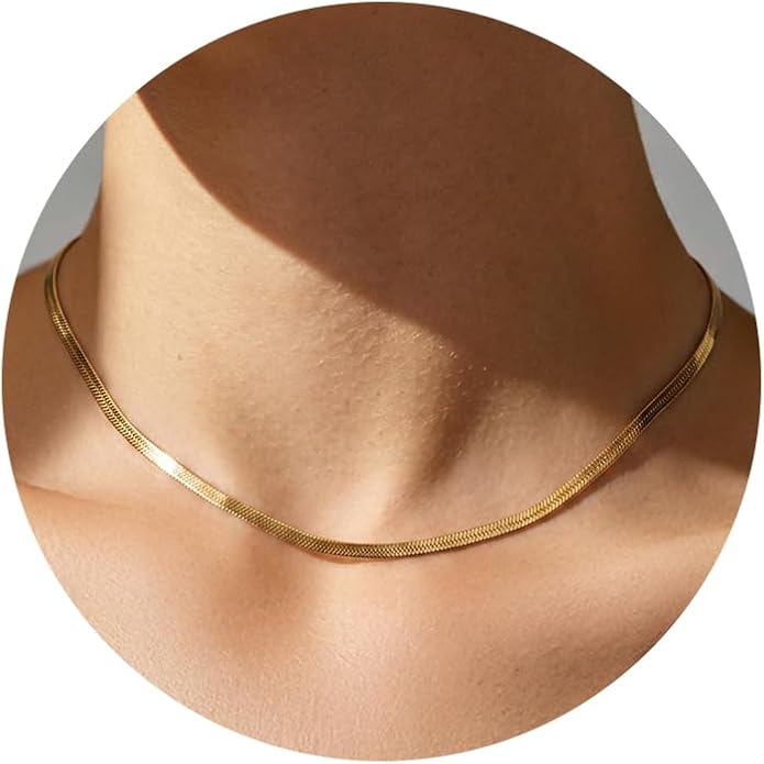 FindChic Black/14K Gold Plated Herringbone Choker Chain Necklace for Women | Waterproof Stainless Steel, Dainty Layering, Flat Snake Chain, Non-Tarnish, Hypoallergenic, Adjustable Extender, Gift Box