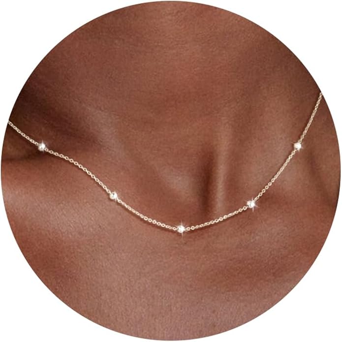 Carffordo 925 Sterling Silver Chain Necklace 16K Gold Plated Beaded Chain Necklace for Women Simple Dainty Choker Necklace Satellite Waterproof Link Necklace Trendy Jewelry Gifts