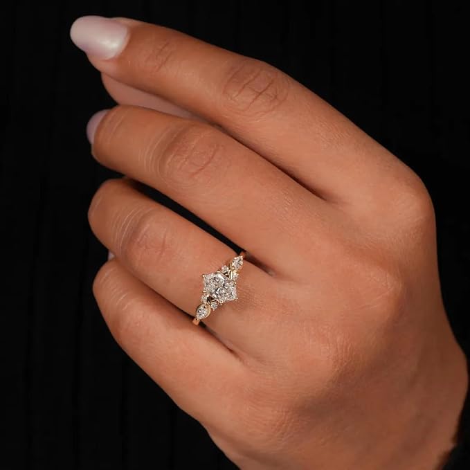 14K Gold Plated Marquise Cut Engagement Ring for Women, Wedding Promise Cubic Zirconia CZ Band Simulated Diamond Rings for Women's Size 9#