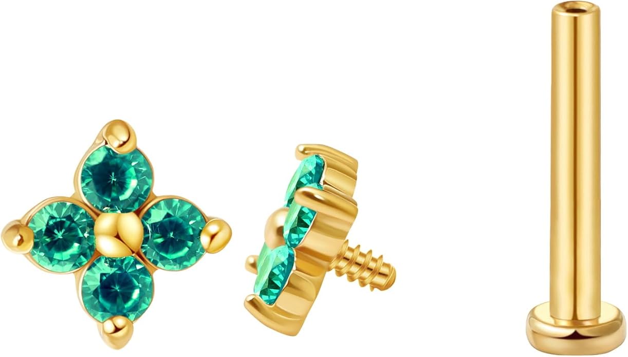 FANSING CZ Flower Internally Threaded Flat Back Earring Labret Stud for Cartilage Tragus Helix Conch