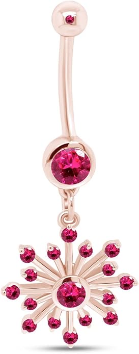 AFFY Snowflake Belly Button Ring for Women Simulated Birthstone, Round Cut Gemstone in 14K Gold Over 925 Sterling Silver, Navel Barbell Piercing Jewelry for Her