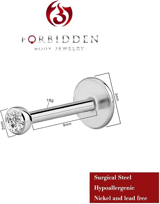 Forbidden Body Jewelry Surgical Steel Earrings Internally Threaded Micro CZ Gem Top Tragus/Helix/Labret Stud with 2mm Top 18G (4mm-10mm)