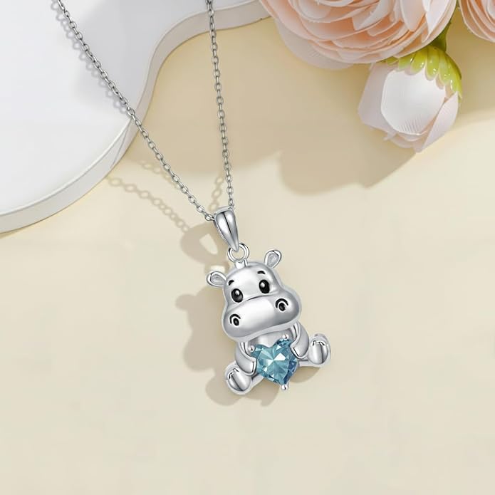 PROESS Animal Birthstone Necklace 925 Sterling Silver Otter/Axolotl/Hippo/Elephant/Dachshund/Monkey/Red Panda Pendant Necklace Animal Birthstone Jewelry Gifts for Women